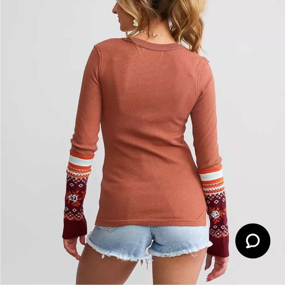 Free People Mikah Notch Neck Top Thermal Fair Isle Sleeves Autumn Brown NWT - Picture 5 of 12
